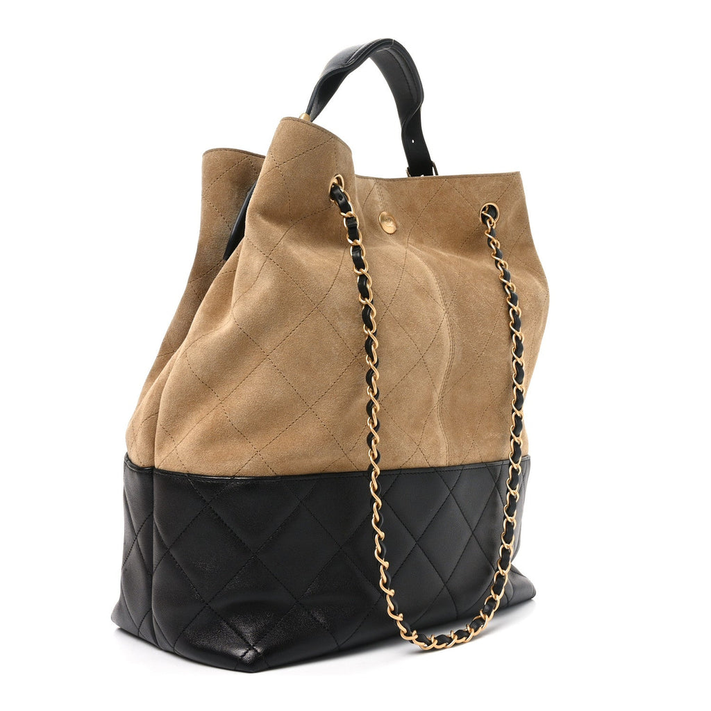 Chanel Suede Shiny Lambskin Quilted Large Shopping Bag Beige Black