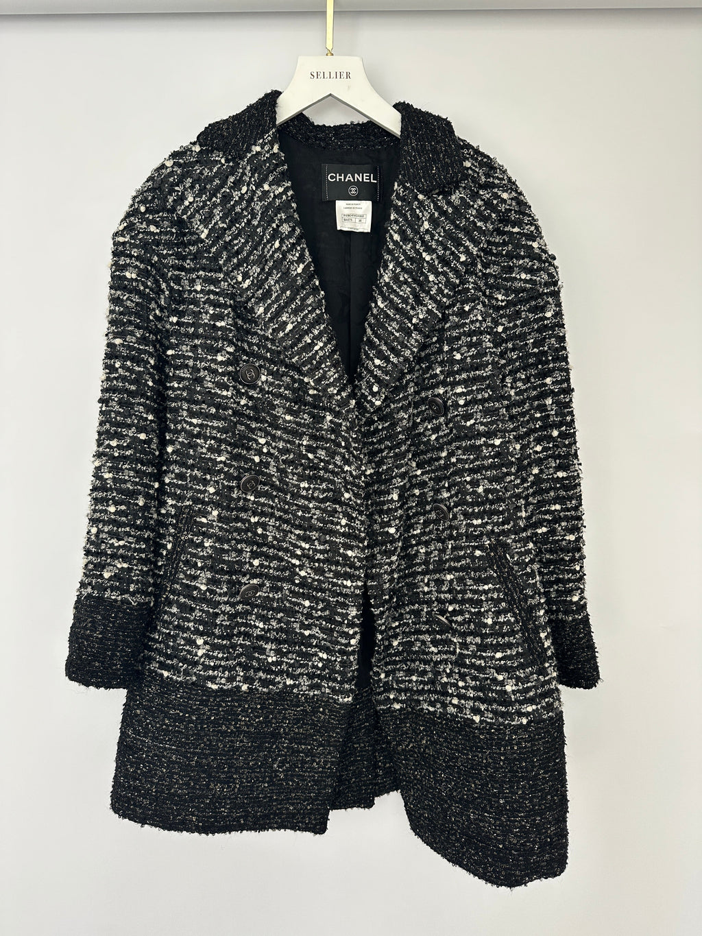 Chanel Black, Grey & White Tweed Double Breasted Jacket with Black CC Logo Buttons Size FR 36 (UK 8)