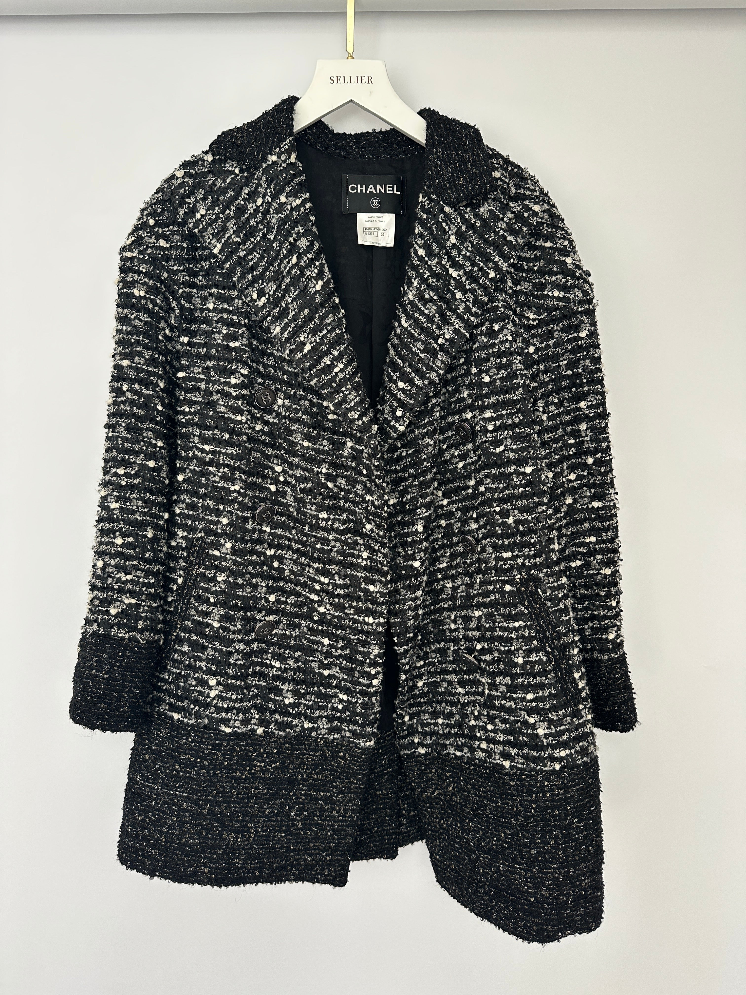 Chanel Black, Grey & White Tweed Double Breasted Jacket with Black CC Logo Buttons Size FR 36 (UK 8)