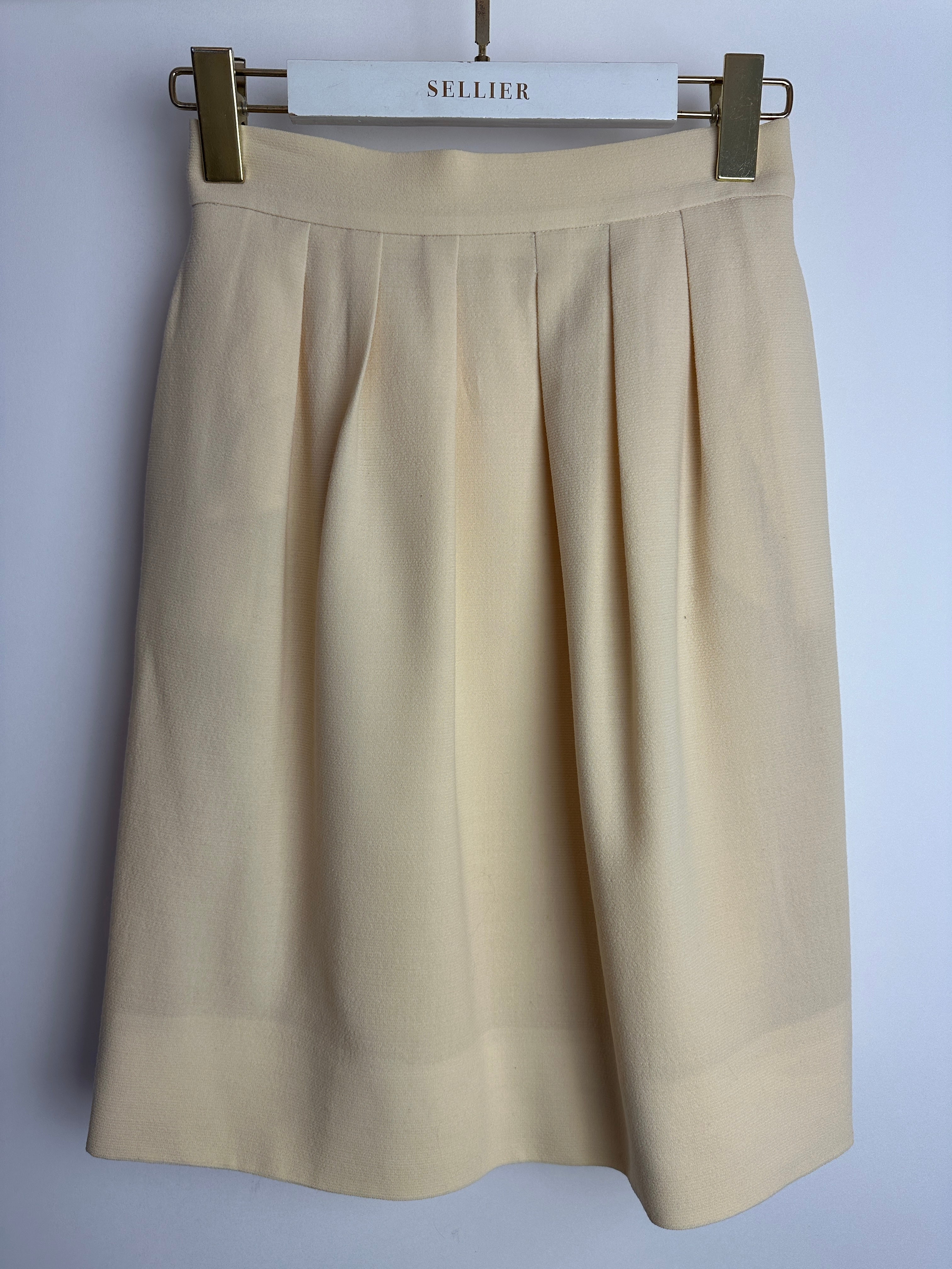 Chanel Vintage Cream Double Breasted Wool Blazer Jacket and Skirt Set with Gold CC Logo Button Detail FR 36 (UK 8)
