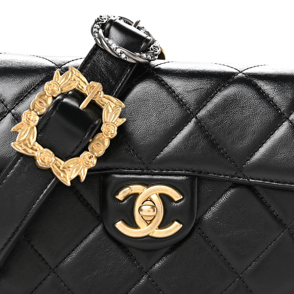 Chanel Shiny Calfskin Quilted Buckle Moon Messenger Black