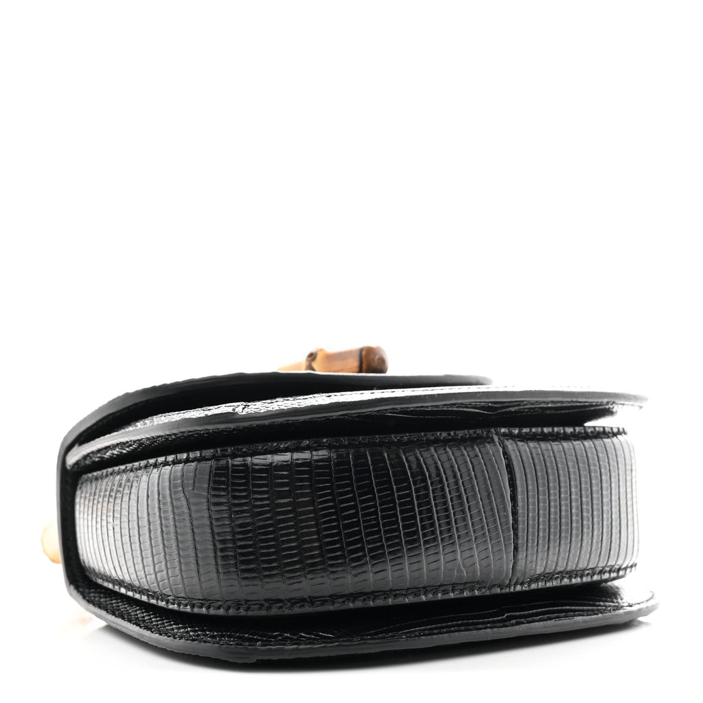 Gucci Sequin Lizard Embossed GG Mini Bamboo 1947 Top Handle Chain Bag Black White