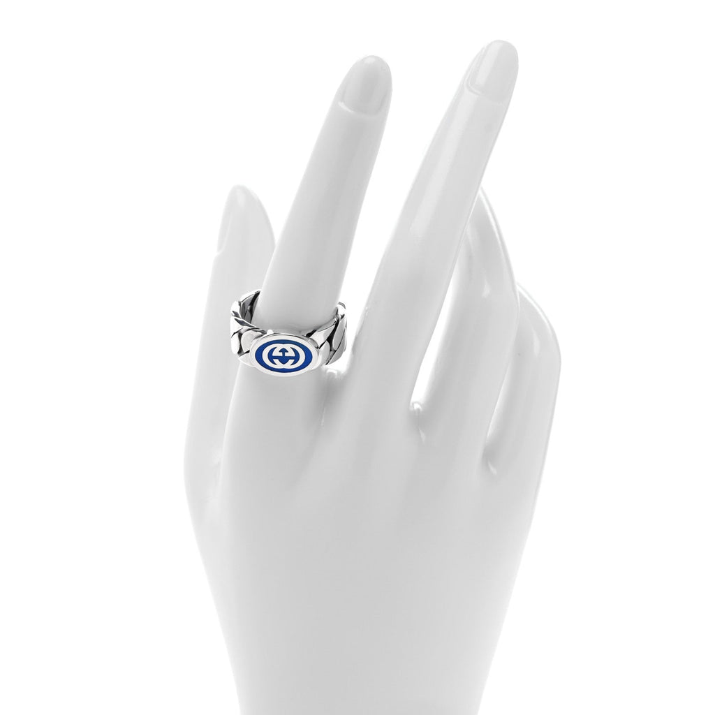 Gucci Sterling Silver Enamel Interlocking G Chain Ring 61 9.75 Blue