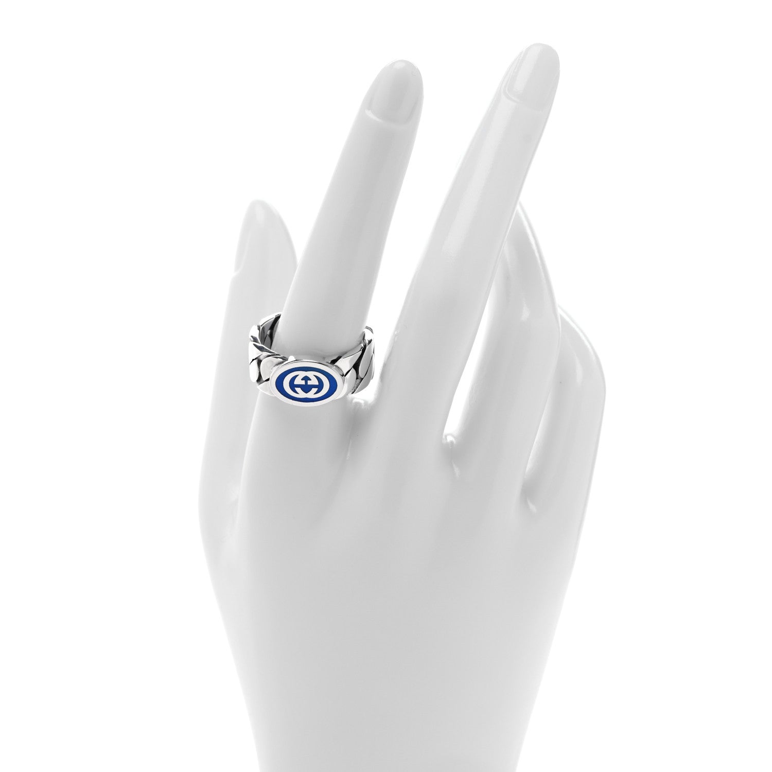 Gucci Sterling Silver Enamel Interlocking G Chain Ring 61 9.75 Blue