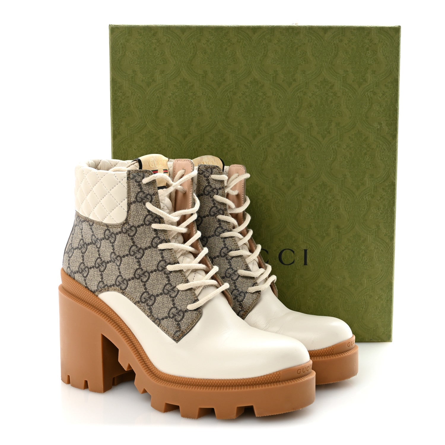 Gucci Apollo Calfskin GG Supreme Nappa Samoa Quilted Lace Up Ankle Boots 40 Mystic White Beige Ebony