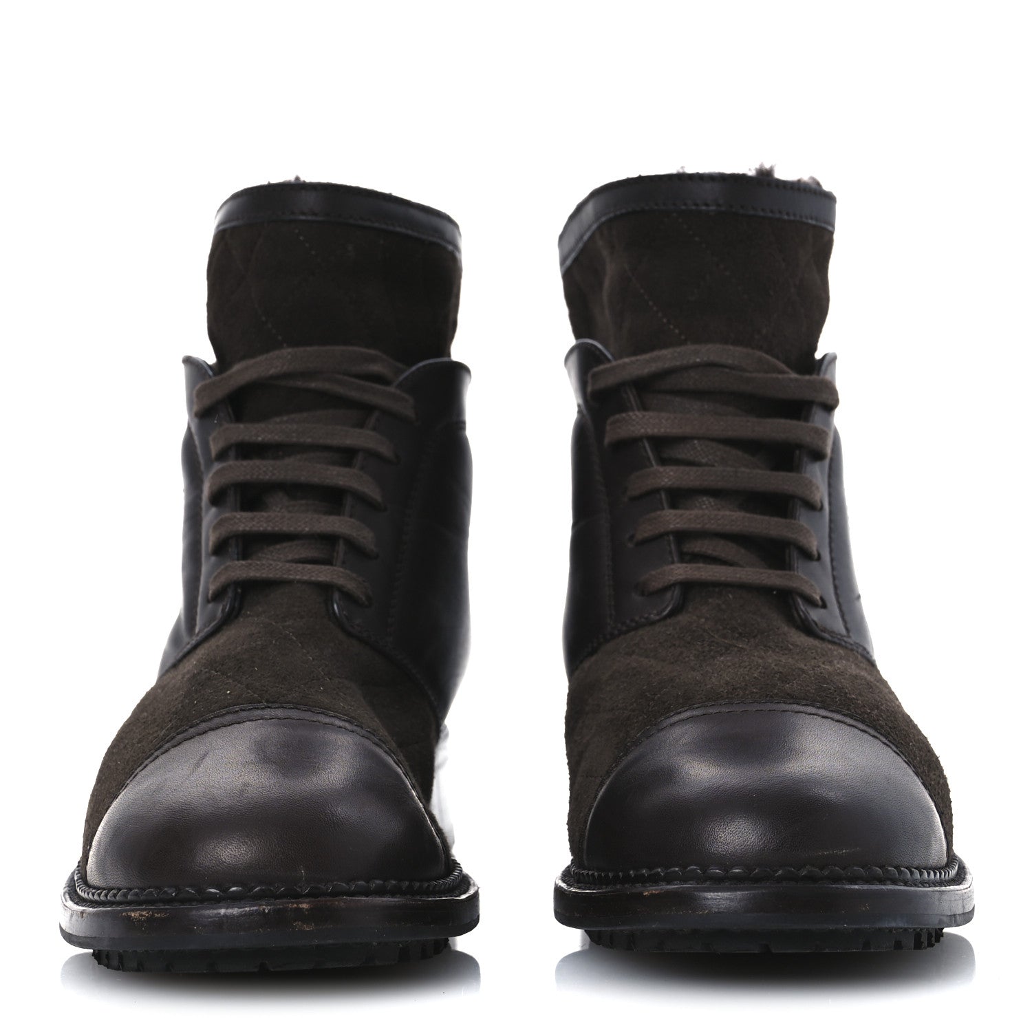 Chanel Suede Calfskin Shearling Cap Toe CC Short Boots 39 Brown