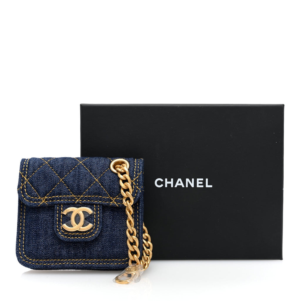 Denim Quilted Double You Flap Bag Charm Blue