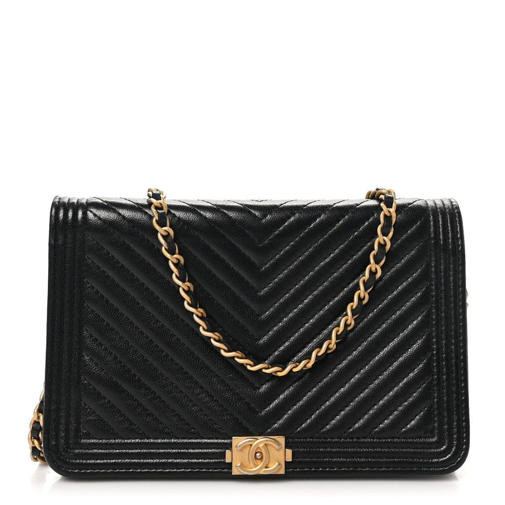 Chanel Lambskin Chevron Boy Wallet On Chain WOC Black