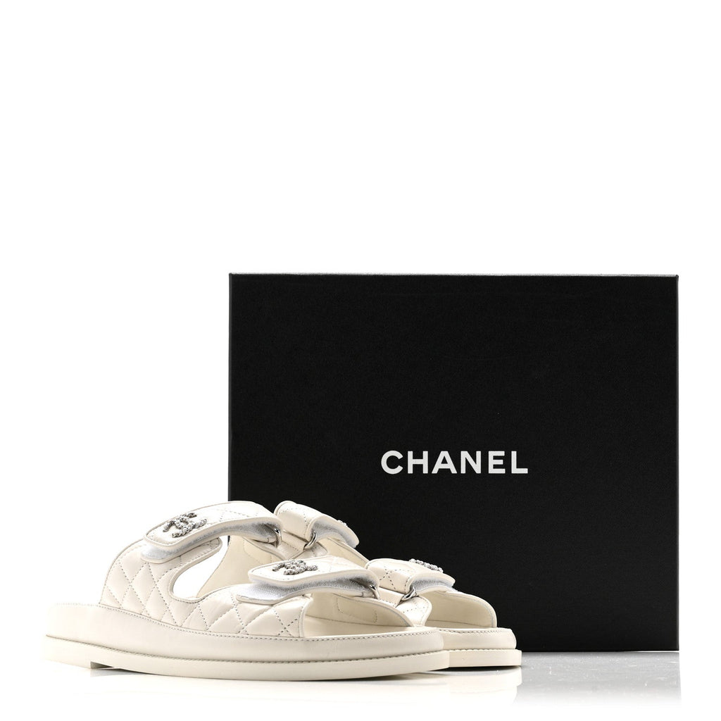 Lambskin Quilted Velcro Dad Chain CC Slide Sandals 39.5 White