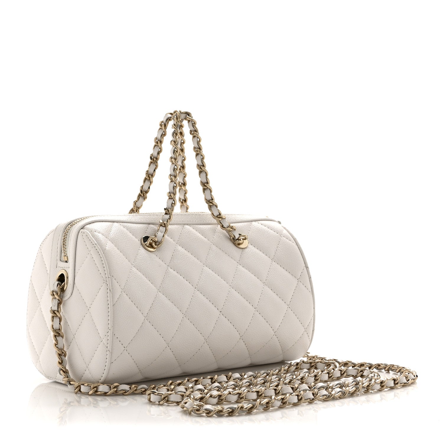 Chanel Caviar Quilted Barrel Clutch With Chain White
