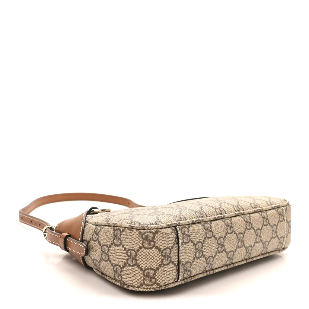 Gucci GG Supreme Monogram Textured Calfskin Small Emblem Shoulder Bag Beige Dark Brown