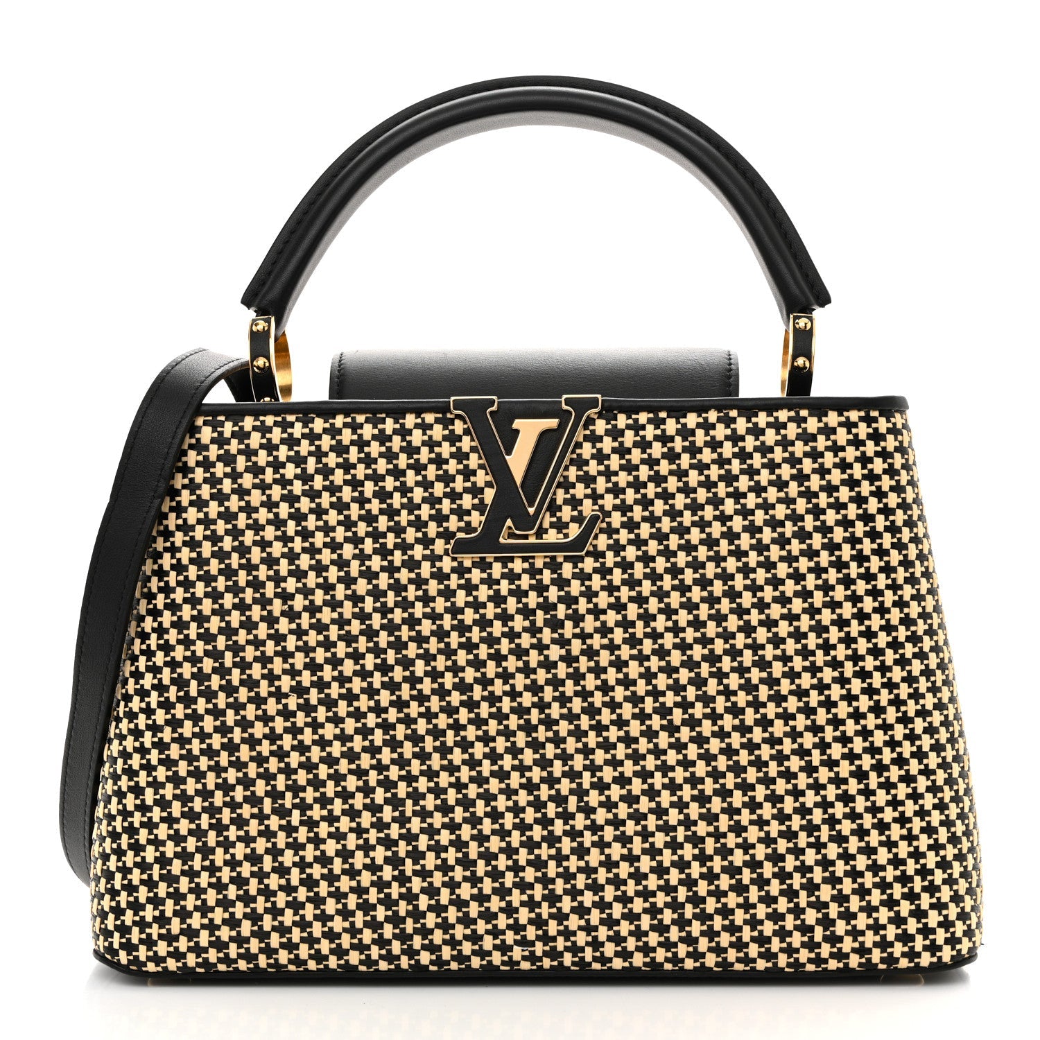 Louis Vuitton Raffia Calfskin Capucines MM Black Ecru