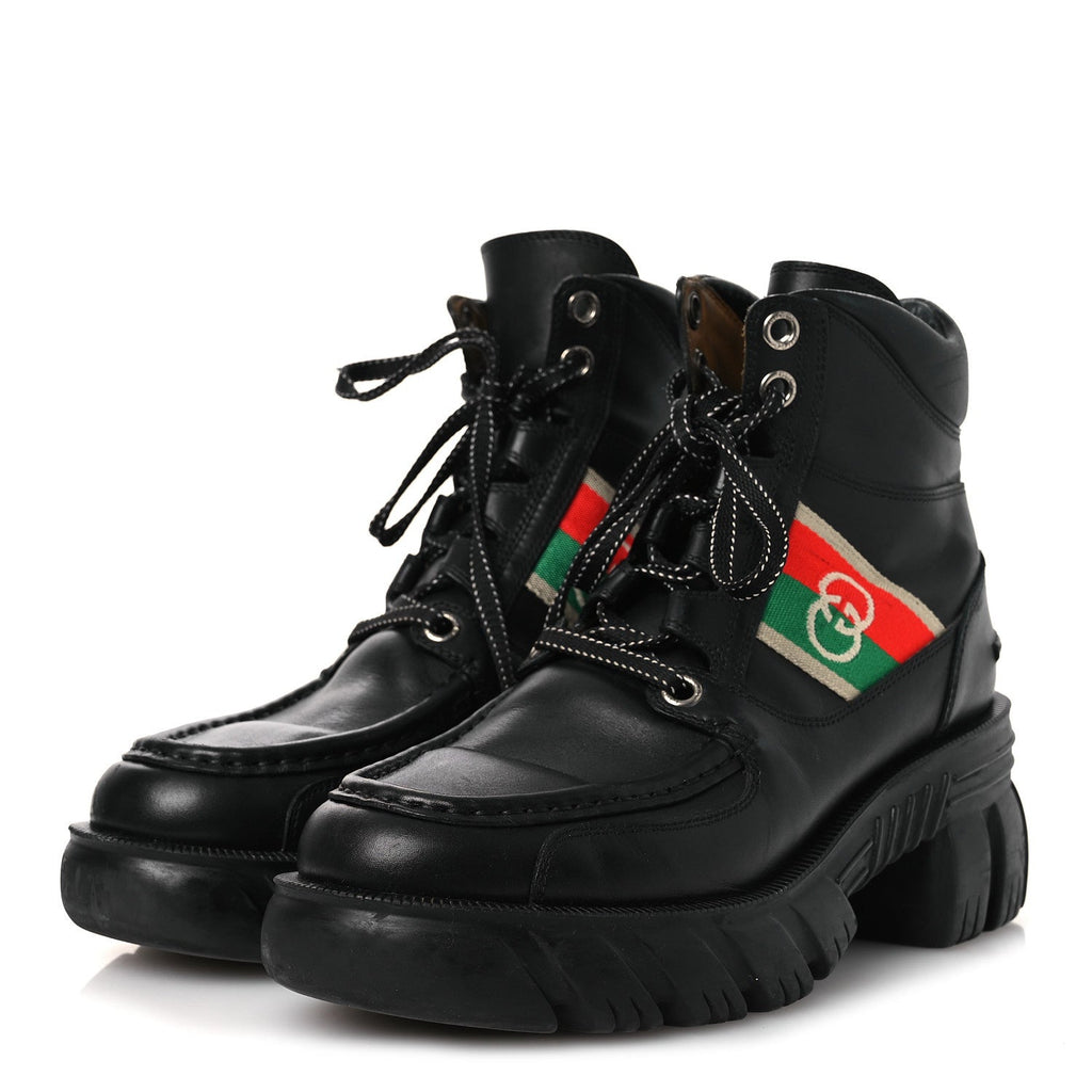 Gucci Quebec Calfskin Web Womens Interlocking G Lace Up Combat Boots 38 Black Mystic White Green Red