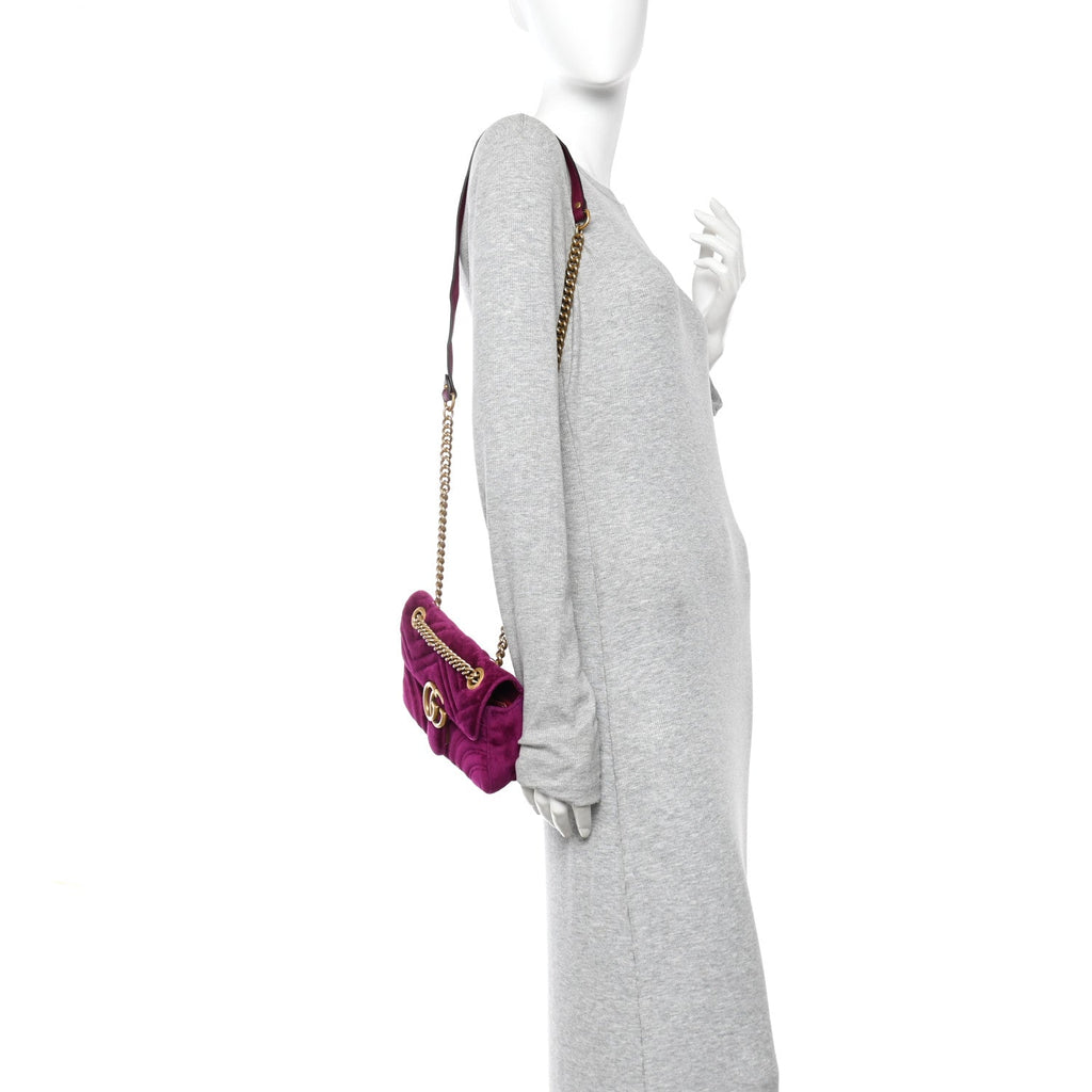 Gucci Velvet Matelasse Mini GG Marmont Shoulder Bag Fuchsia Violet Cyclamen