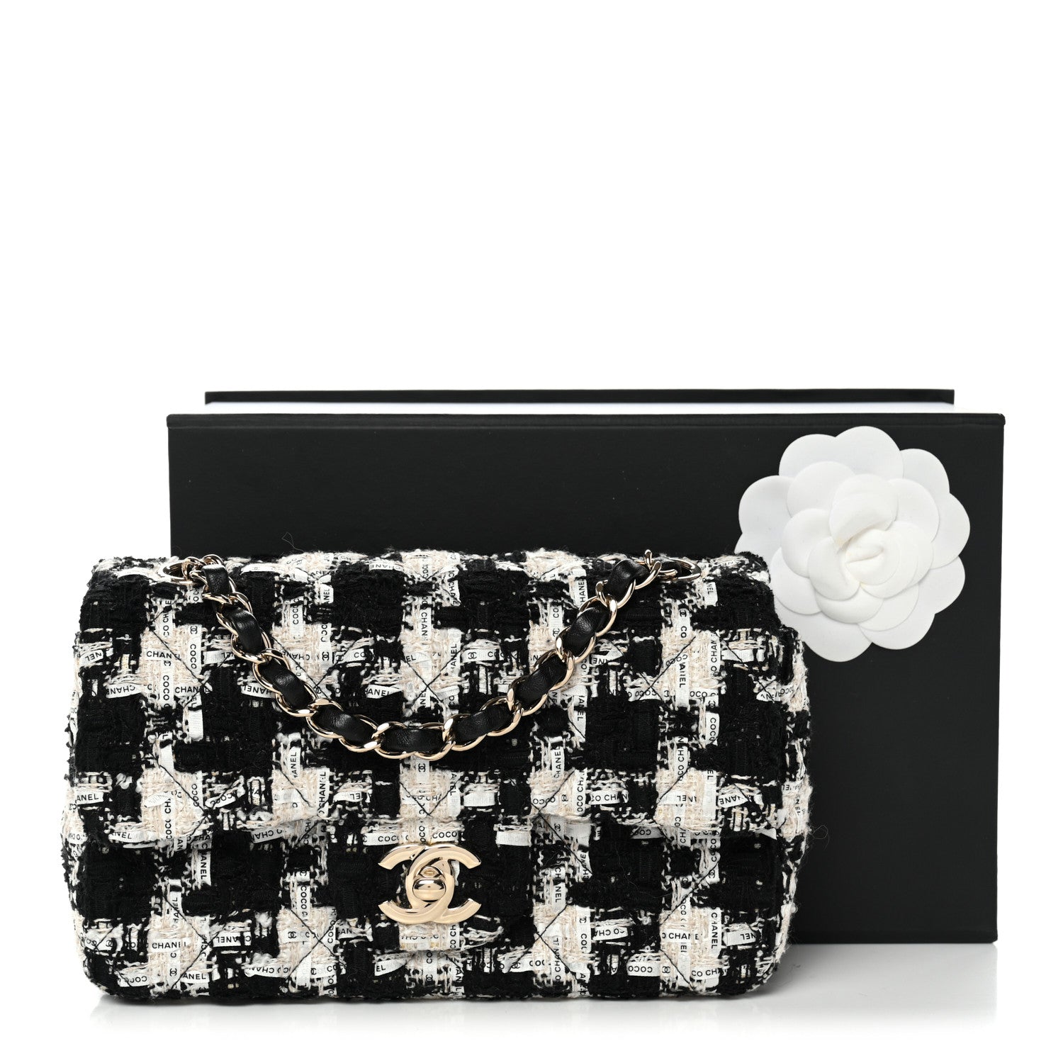 Chanel Tweed Quilted Mini Rectangular Flap Black Ecru White