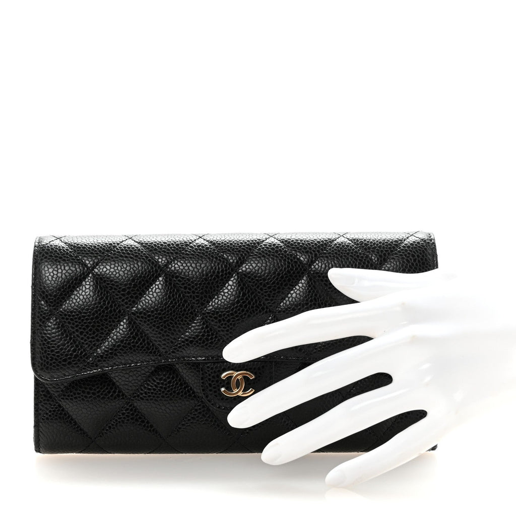 Caviar Quilted Large Gusset Flap Wallet Black