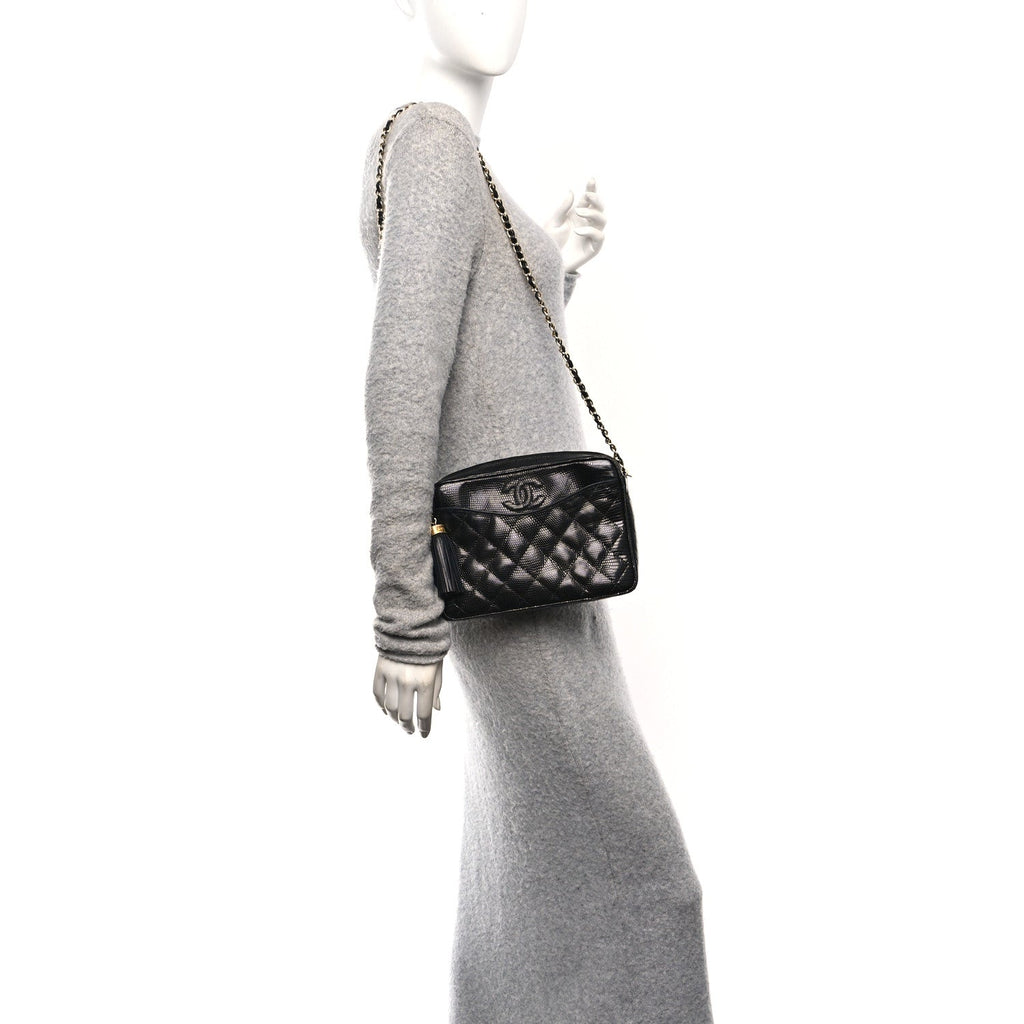 Chanel Lizard Quilted Small Tassel Camera Case Black