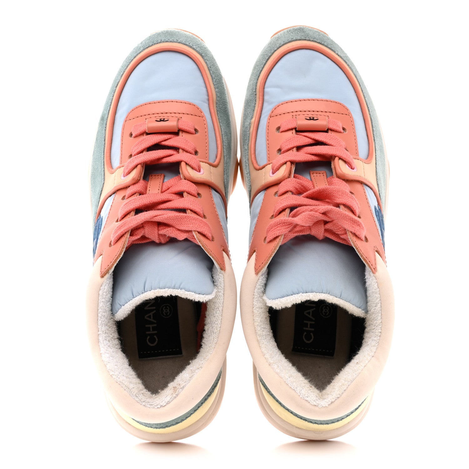 Nylon Lambskin Suede Calfskin CC Sneakers 35 Coral Light Blue White