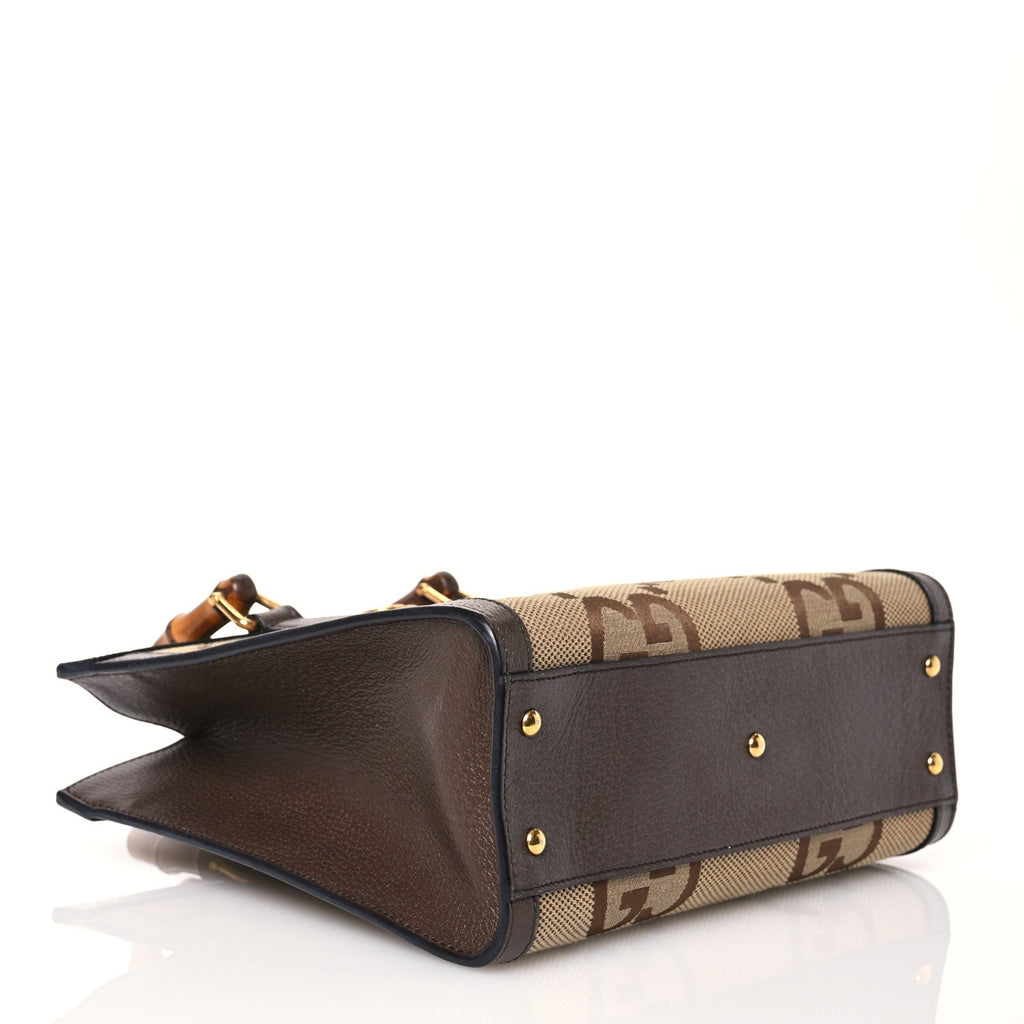Gucci Monogram Jumbo GG Textured Dollar Calfskin Small Diana Tote Bag Camel Ebony New Acero