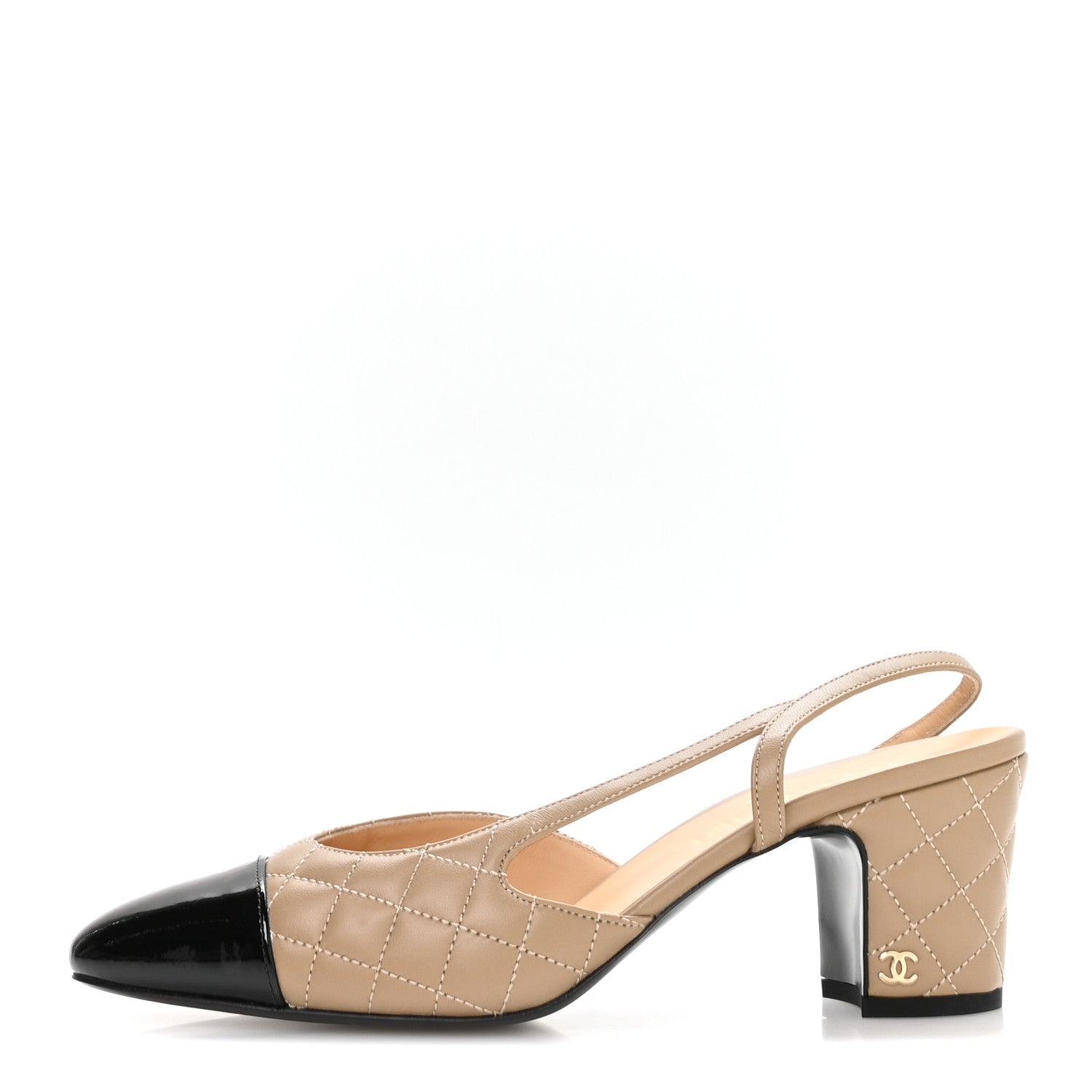 Lambskin Patent Calfskin Quilted Cap Toe CC Slingback Pumps 39.5 Beige Black