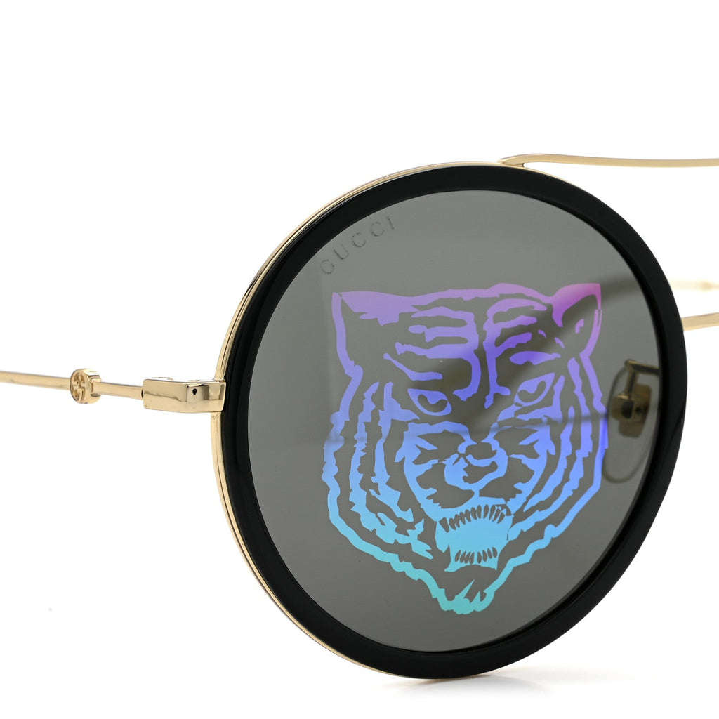 Gucci Metal Round Frame Tiger Print Sunglasses GG0061S Gold