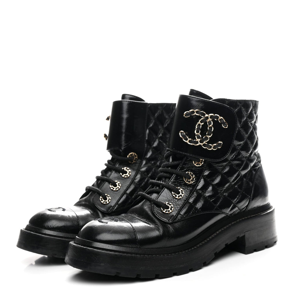 Chanel Shiny Goatskin Calfskin Quilted Lace Up Combat Boots 37 Black