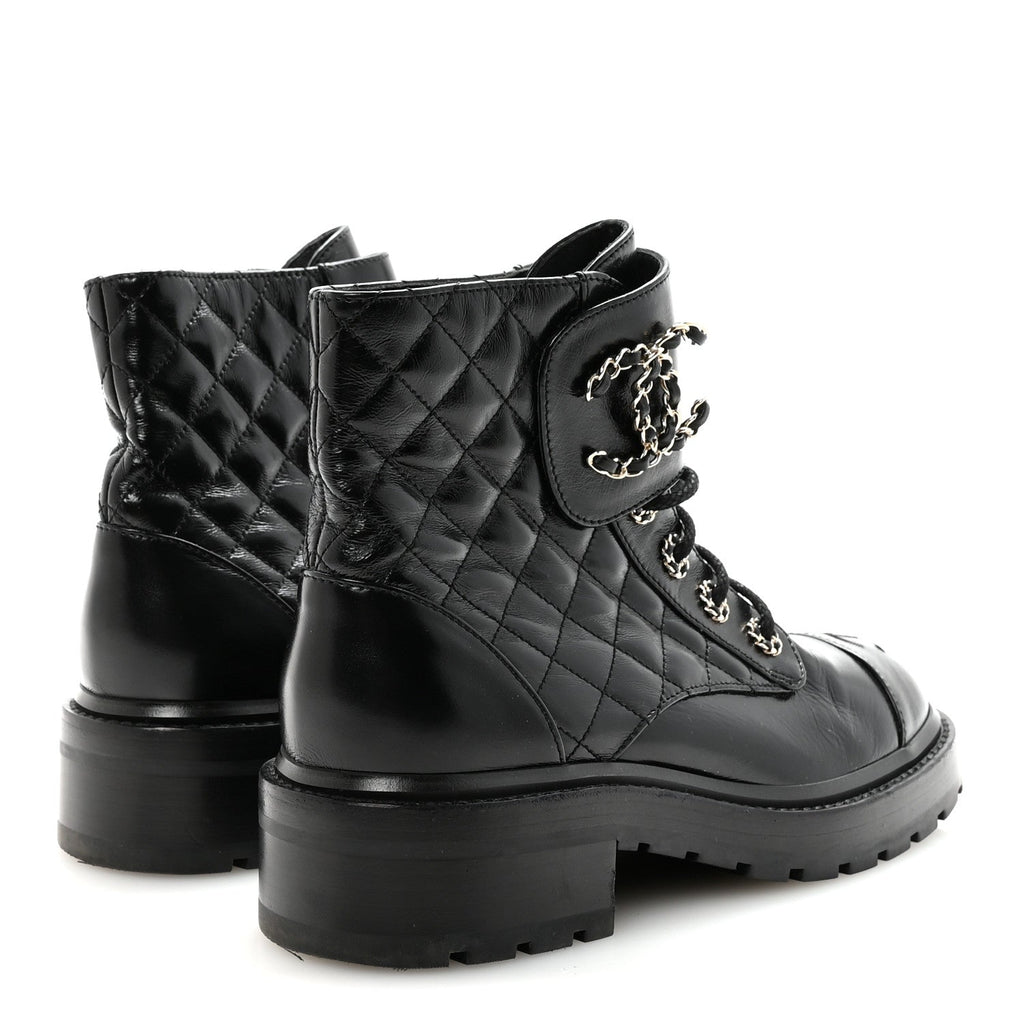 Chanel Shiny Calfskin Quilted Lace Up Combat Boots 37.5 Black