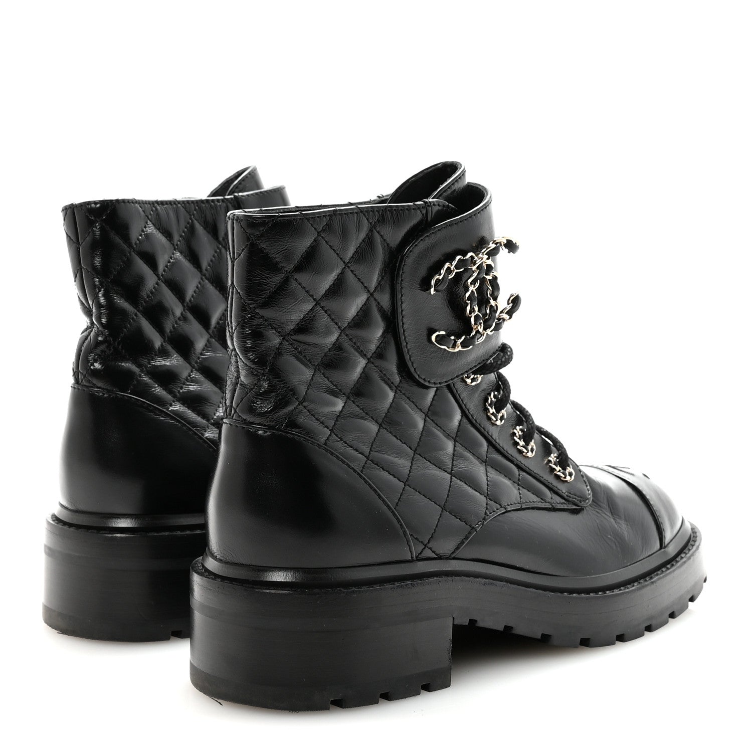 Chanel Shiny Calfskin Quilted Lace Up Combat Boots 37.5 Black