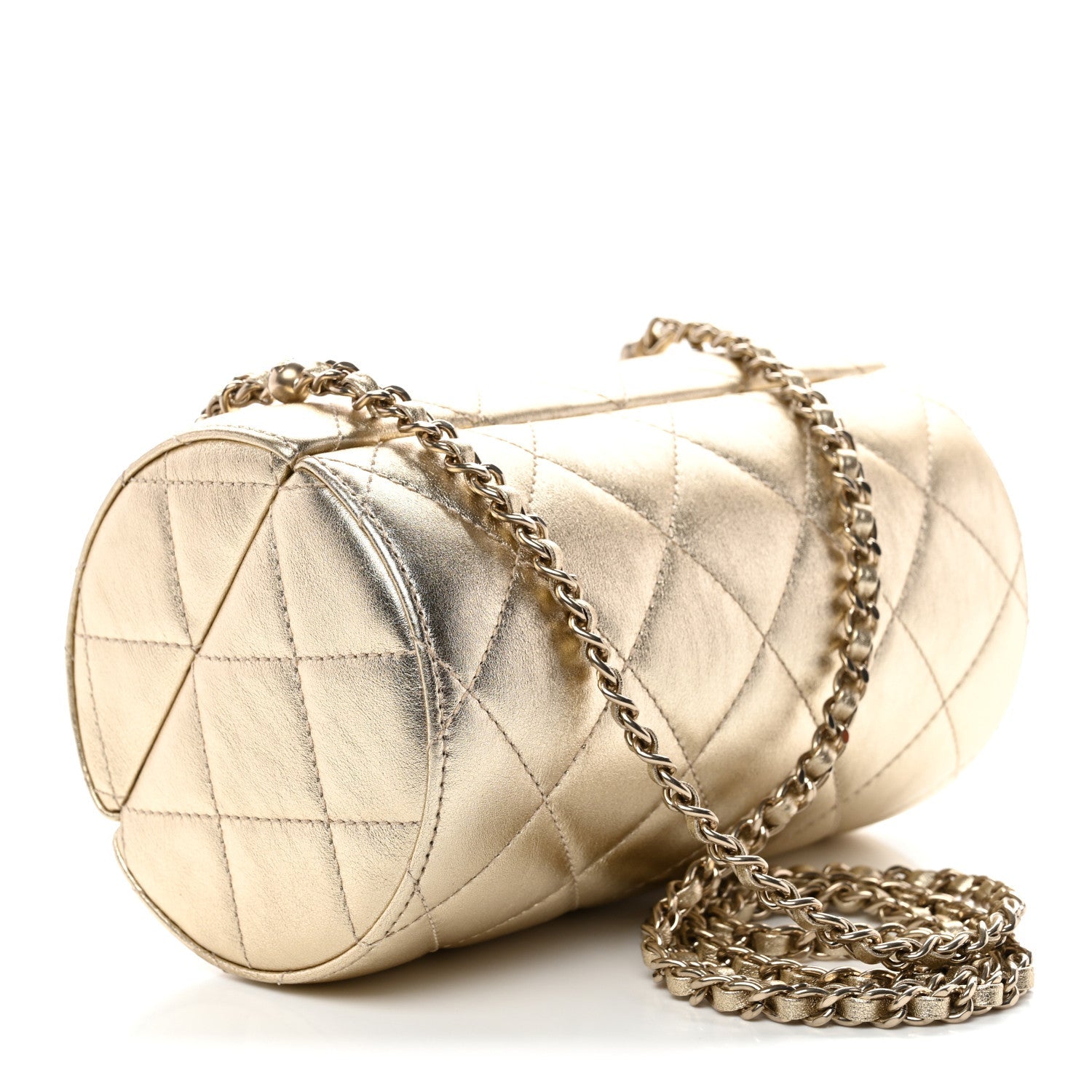 Chanel Metallic Lambskin Quilted Barrel Crossbody Bag Gold