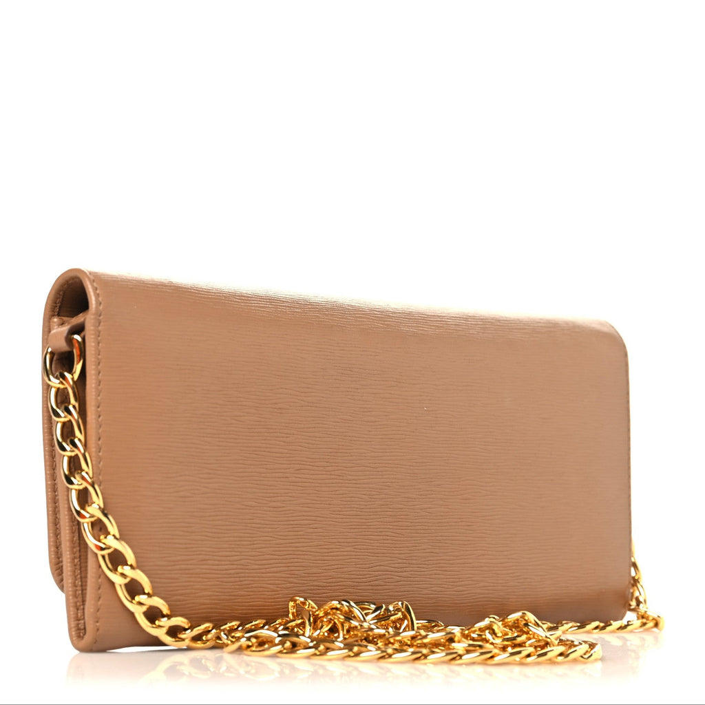 Prada Vitello Move Metal Oro Chain Wallet Caramel