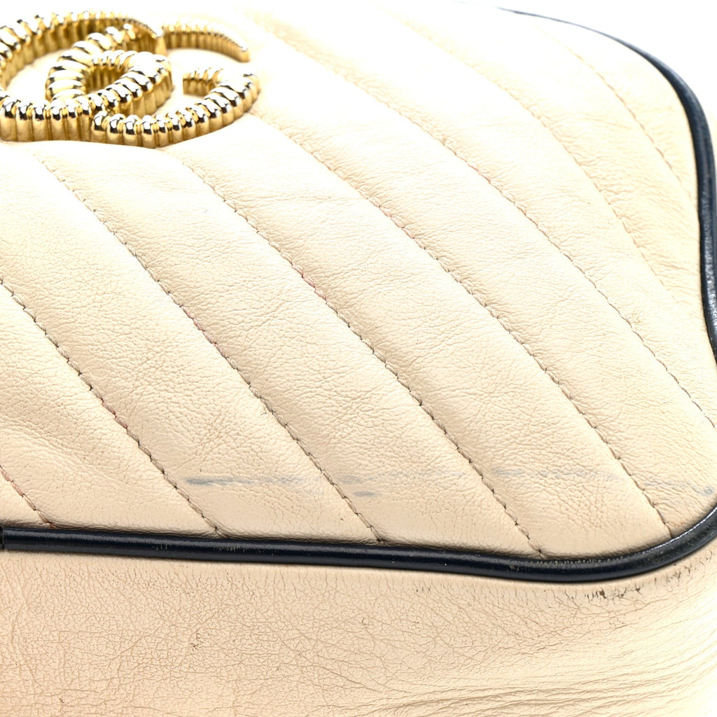 Gucci Vintage Effect Calfskin Matelasse Diagonal Small Torchon GG Marmont Chain Shoulder Bag Mystic White Blue Agata