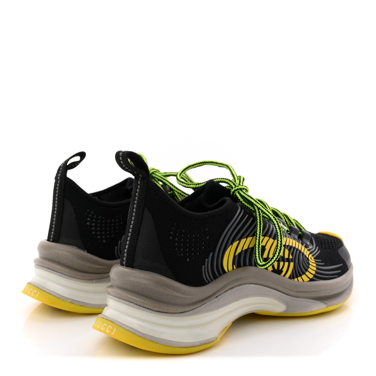 Gucci Technical Knit Fabric Waves Womens Gucci Run Sneakers 35 Black Silver Giallo Neon Yellow