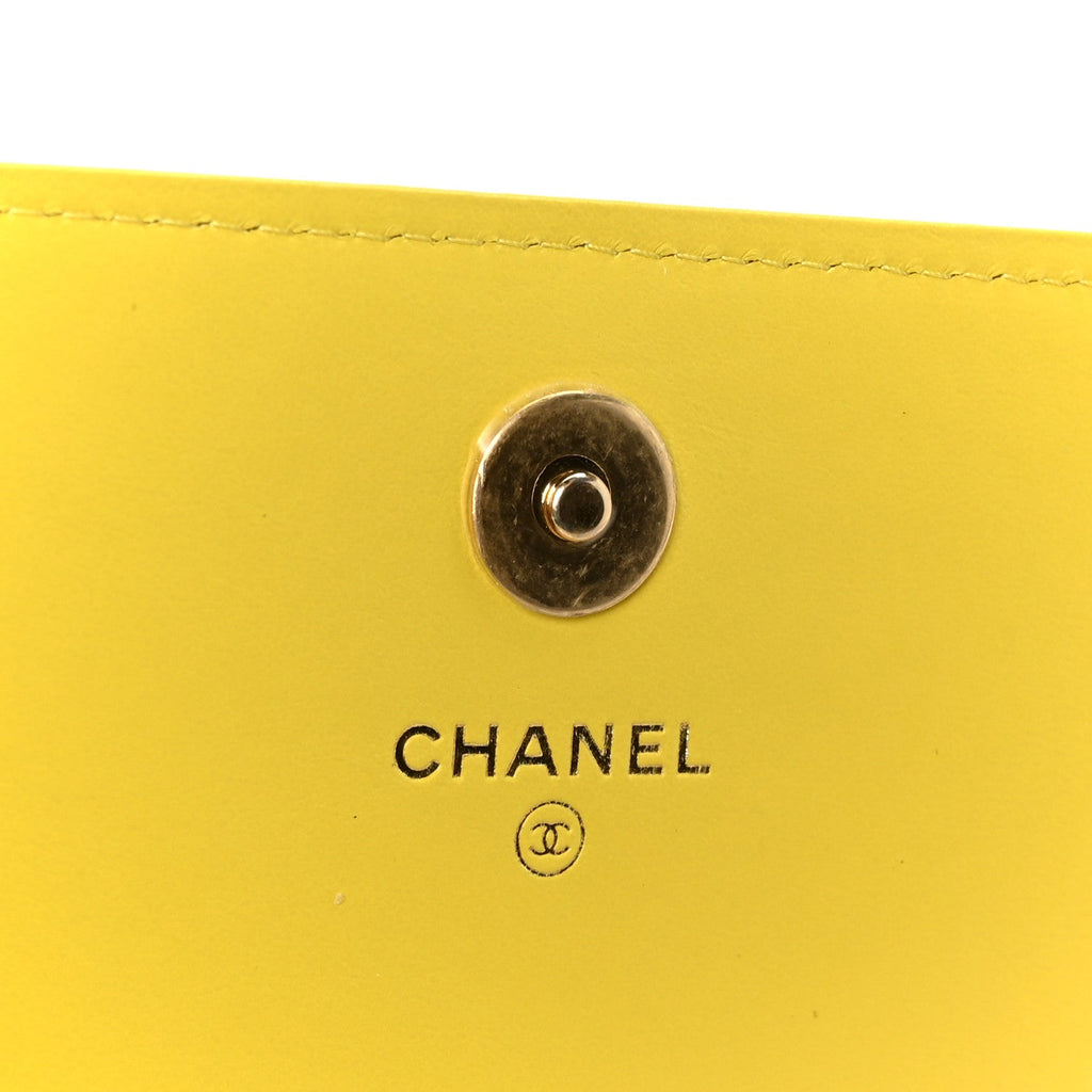 Chanel Lambskin Quilted Enamel Logo Flap Card Holder On Chain Yellow