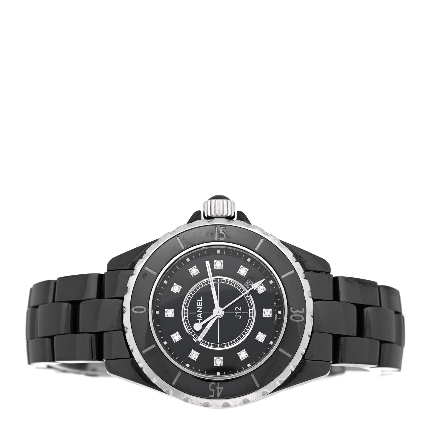Chanel Stainless Steel Ceramic Diamond 33mm J12 Quartz Watch Black