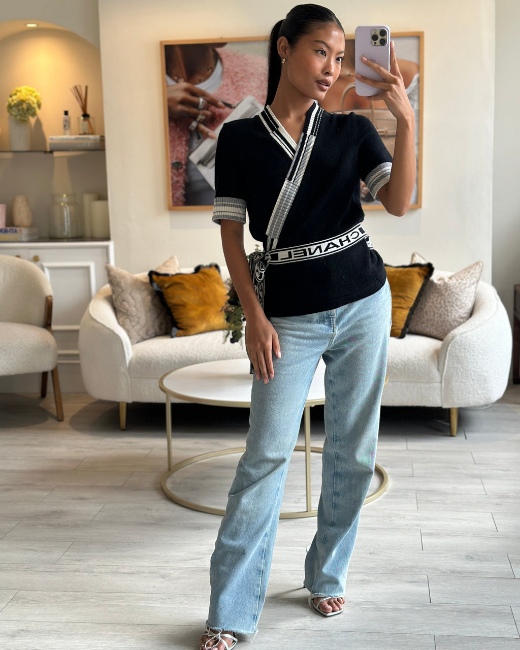 Chanel 2020 Black V-Neck Short Sleeve Wrap Cardigan with Logo Detail Size FR 38 (UK 10)