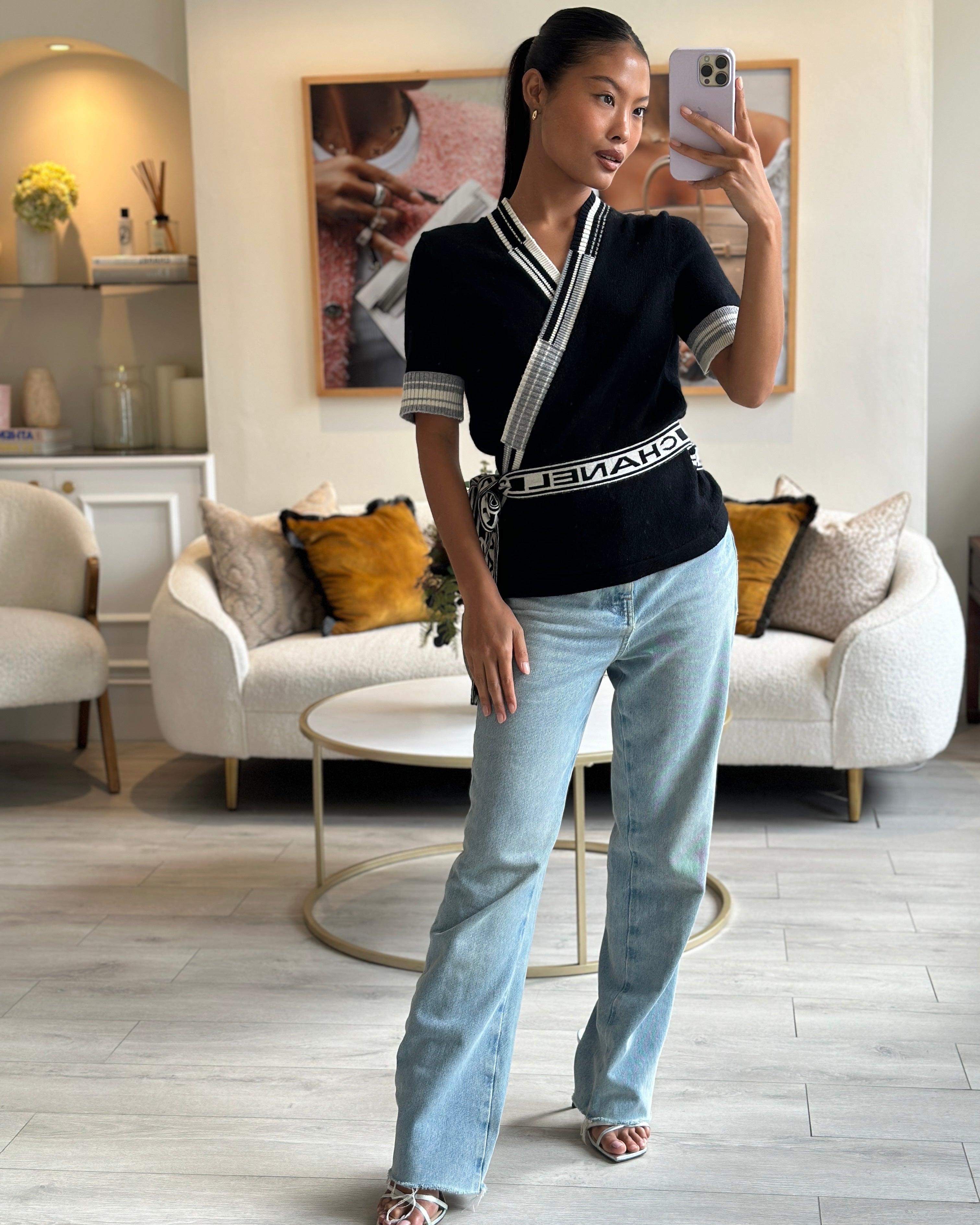 Chanel 2020 Black V-Neck Short Sleeve Wrap Cardigan with Logo Detail Size FR 38 (UK 10)
