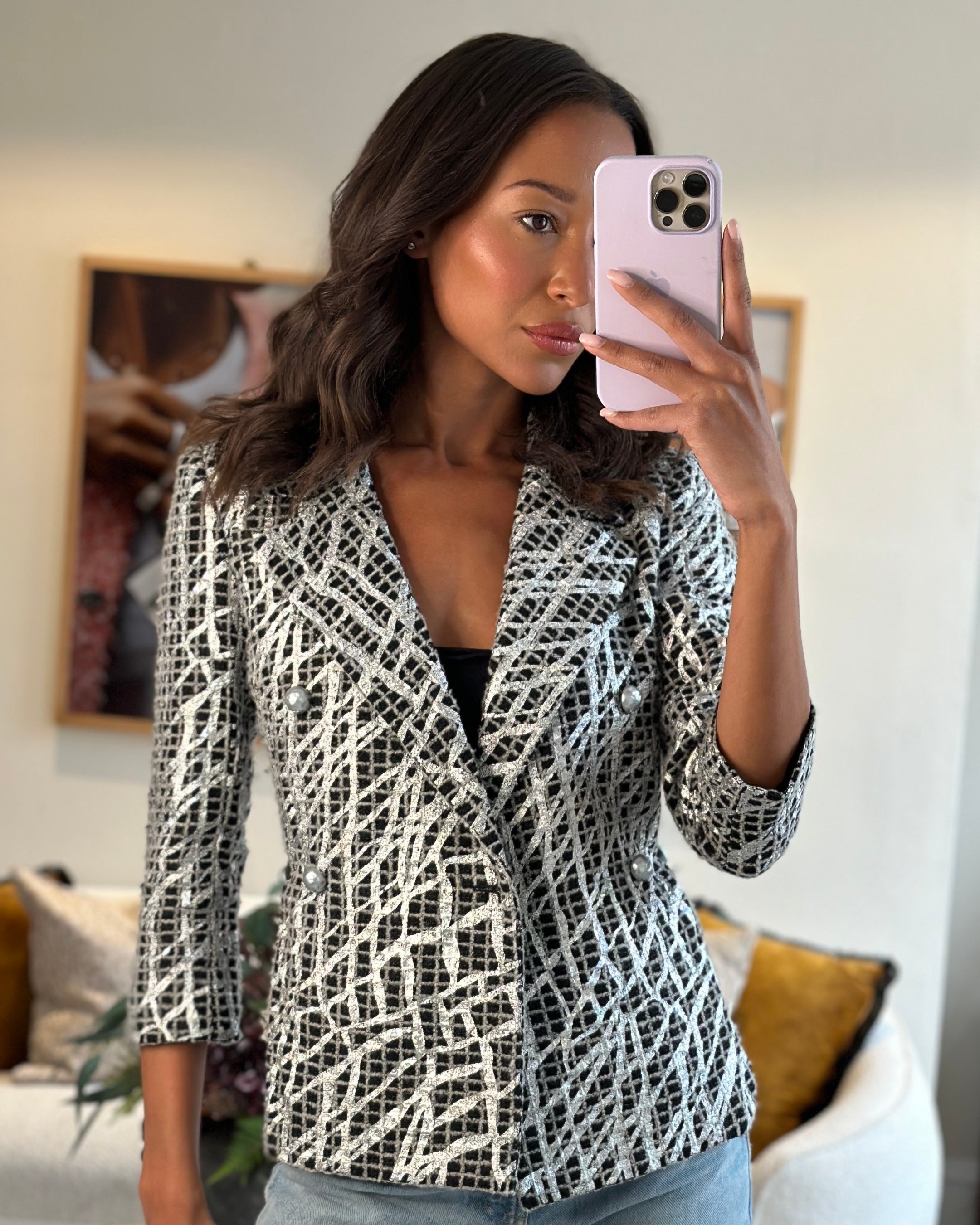 Chanel Spring 2012 Black & White Checked Tweed Backless Jacket with Silver Screen Print and Pearl Belt at the Back Size FR 34 (UK 4)