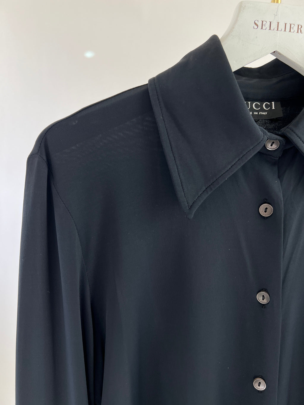 Gucci Navy Long Sleeve Stretch Shirt with Pearl Button Details IT 42 (UK 10)