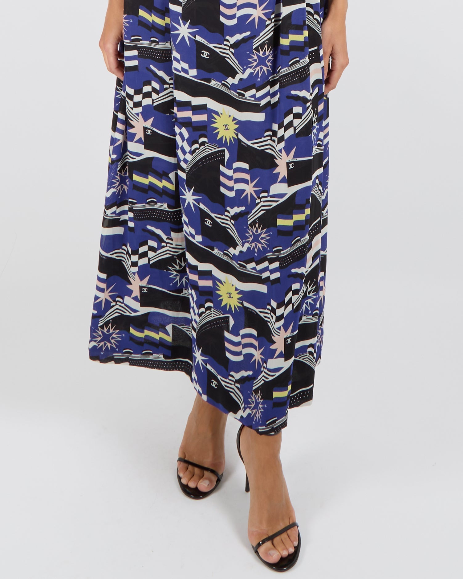Chanel La Pausa Resort 2019 Blue, White and Black Silk Printed Sleeveless Maxi Dress with Yellow CC Logo Print Details and White Mirror CC Logo Button Size FR 36 (UK 8)