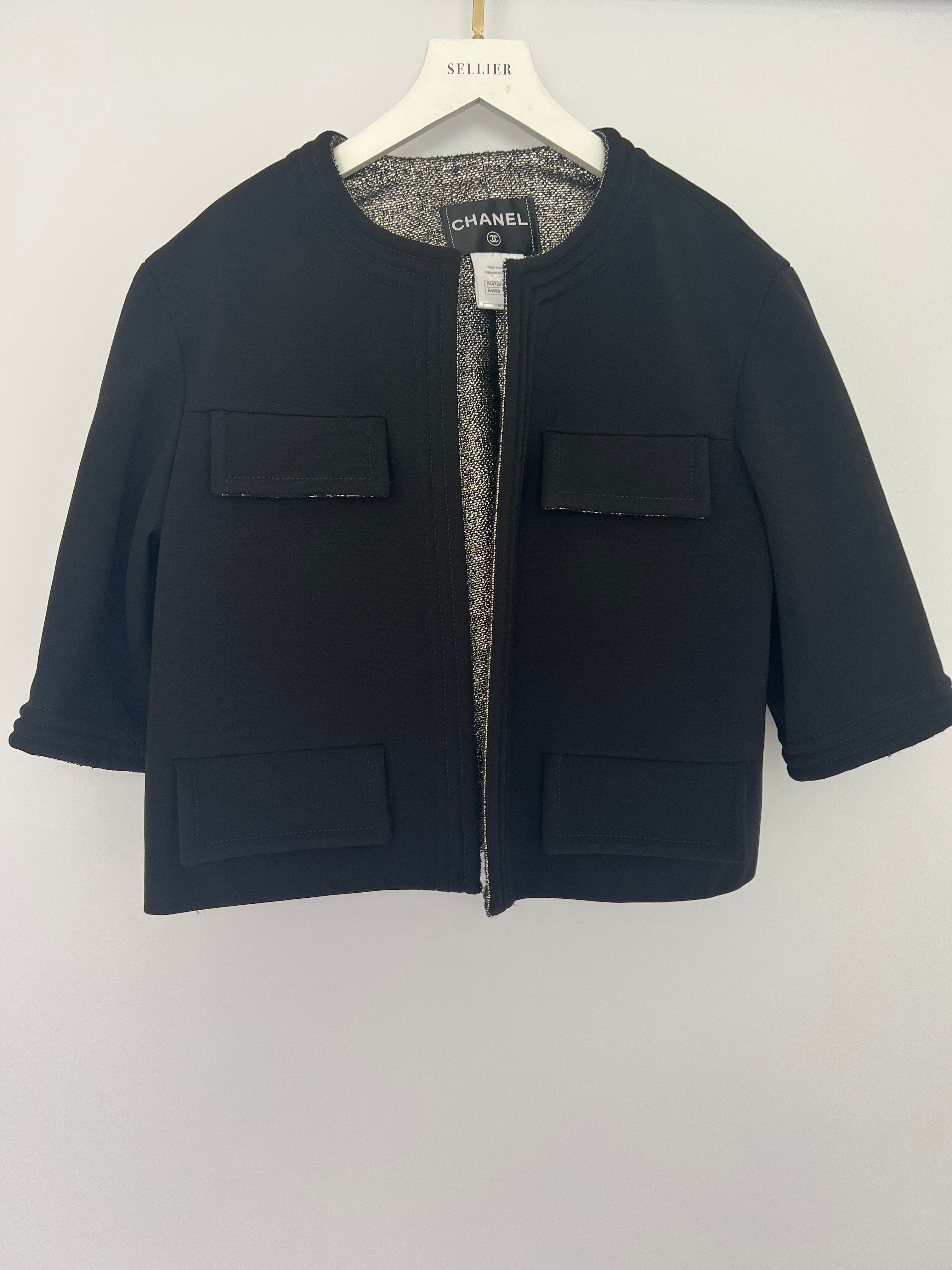 *HOT* Chanel 12/A Black and Silver Metallic Tweed Lined Pocket Jacket Size FR 42 (UK 14)