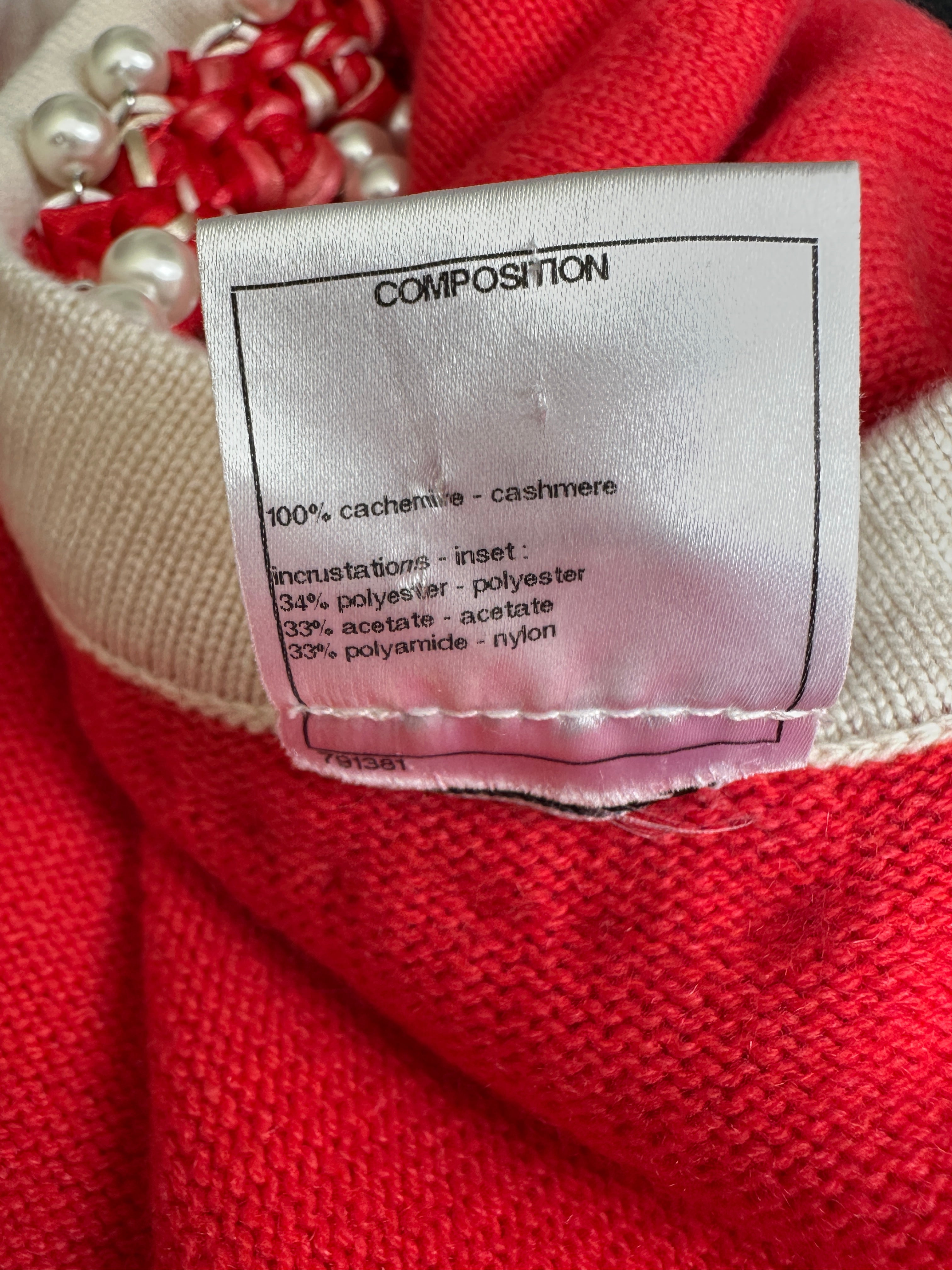 Chanel 10P Red Knitted Long Sleeve Cardigan with Pearls & Cream Braided Trim Details FR 36 (UK 8)