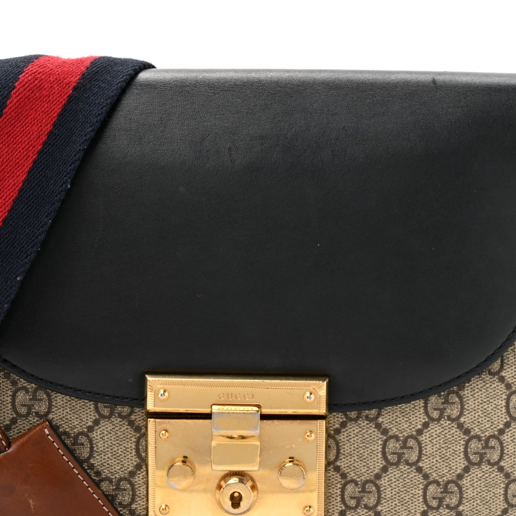 Gucci GG Supreme Monogram Web Medium Padlock Messenger Shoulder Bag Black