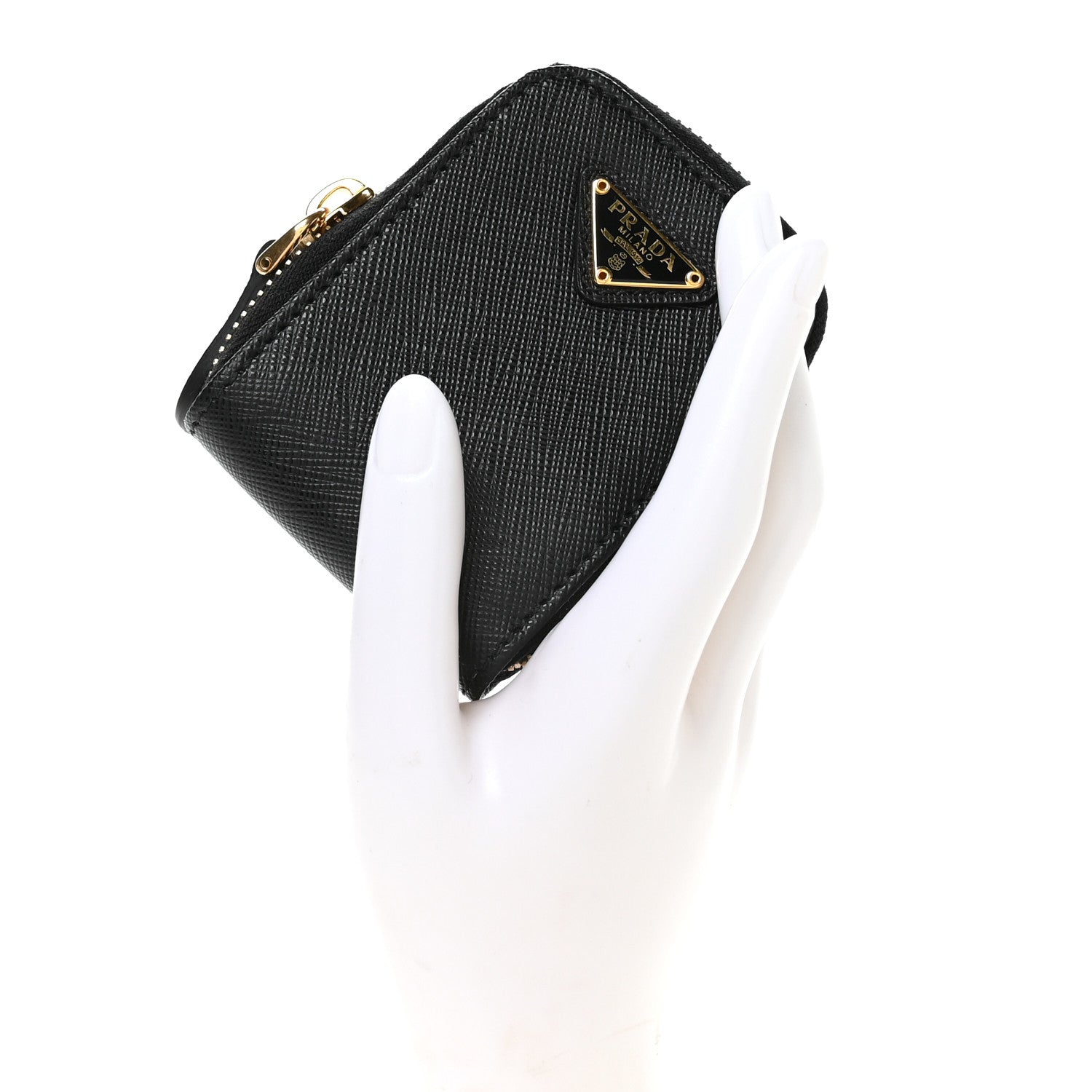 Prada Saffiano Triangle Zip Around Mini Pouch Black