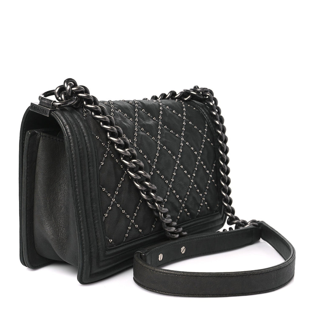 Chanel Crumpled Lambskin Medium Studded Boy Flap Black