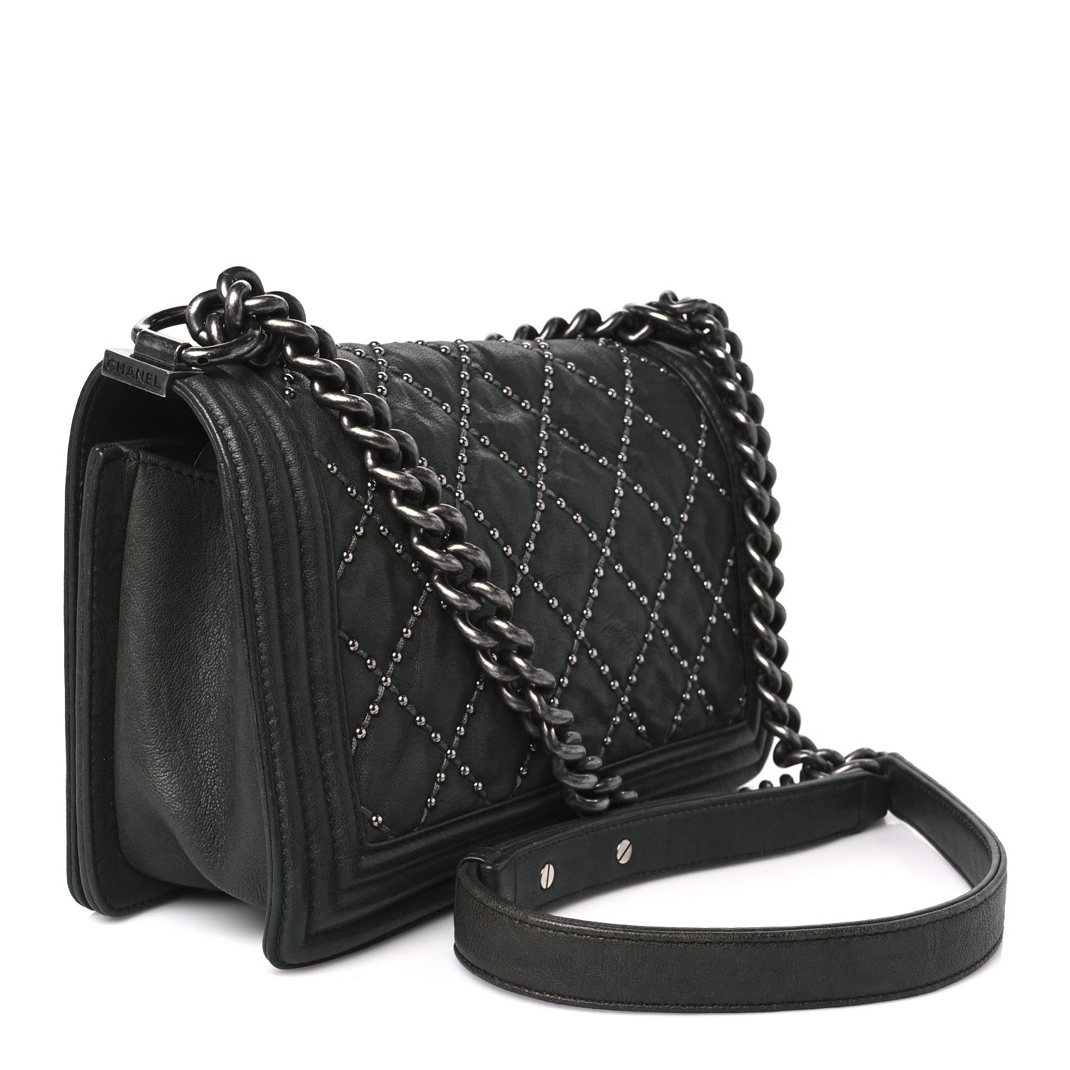 Chanel Crumpled Lambskin Medium Studded Boy Flap Black