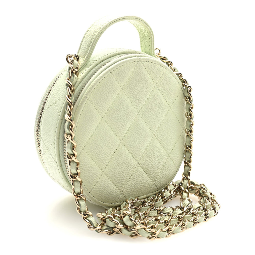 Chanel Caviar Quilted Round Handle With Care Vanity With Chain Light Green