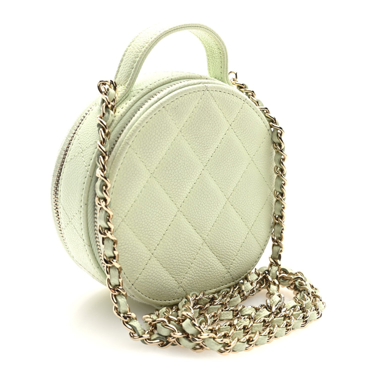 Chanel Caviar Quilted Round Handle With Care Vanity With Chain Light Green