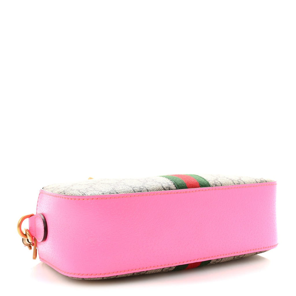 Gucci GG Supreme Monogram Textured Dollar Calfskin Web Ophidia Small Crossbody Bag Beige Ebony Fuchsia