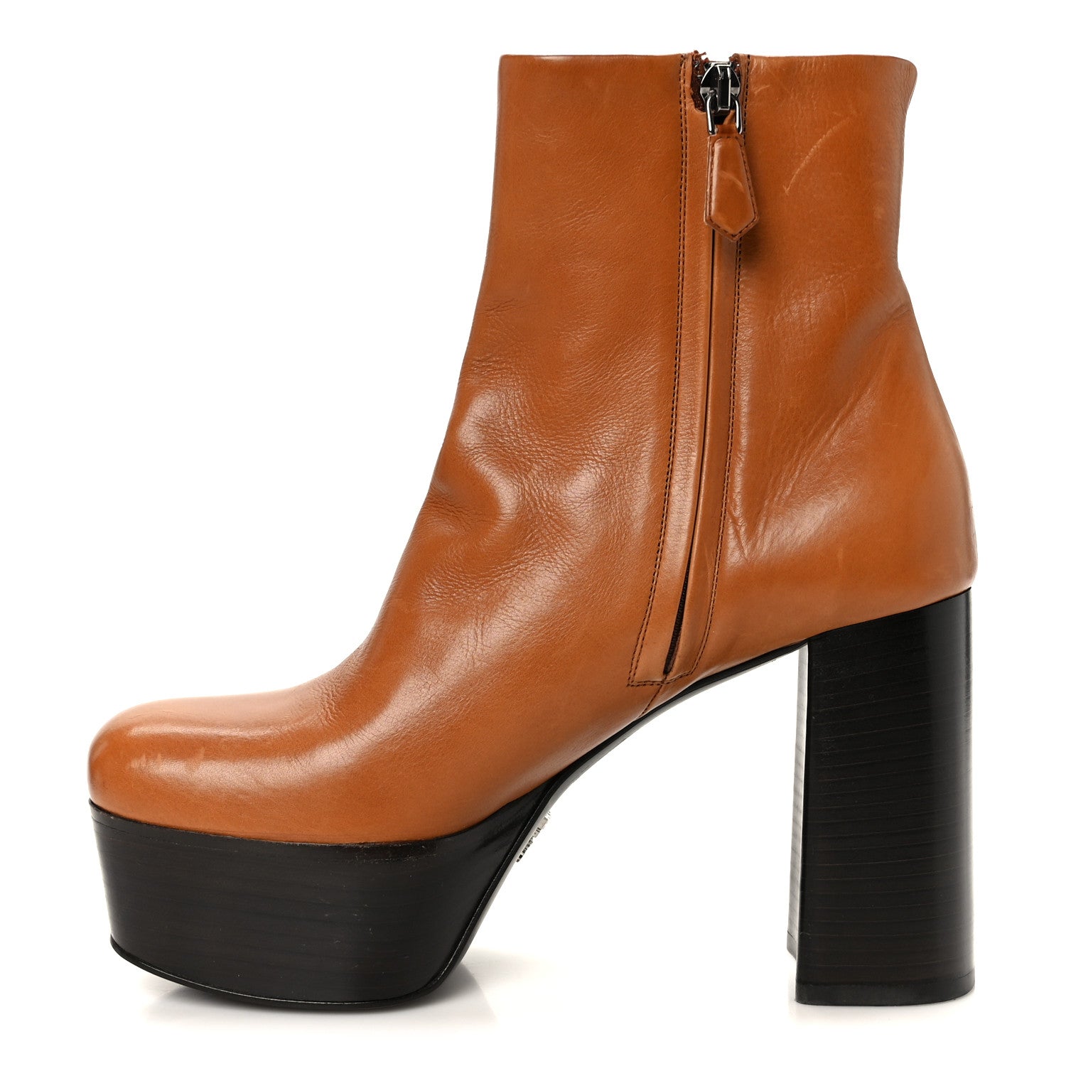 Prada Vitello Platform Ankle Booties 37.5 Cognac