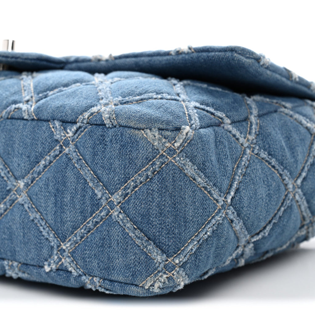 Chanel Frayed Denim Quilted Large Blue Chip Flap Blue